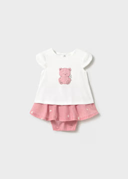 Vestito Con Ricamo Orsetto Rosa E Gonna Arricciata