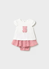 Vestito Con Ricamo Orsetto Rosa E Gonna Arricciata
