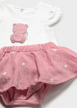 Vestito Con Ricamo Orsetto Rosa E Gonna Arricciata