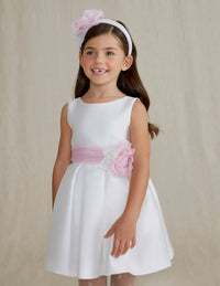 Vestito Bianco con Cintura Rosa Fiore