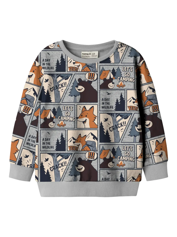 Felpa Girocollo Grigio Con Stampa Fumetto