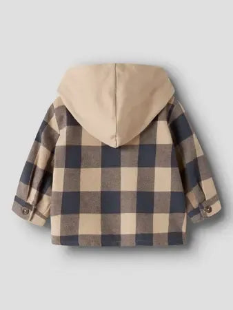 Giacca-Camicia A Quadri Con Cappuccio Beige E Blu