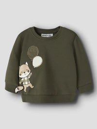Felpa Verde Militare Con Scoiattolo E Palloncini