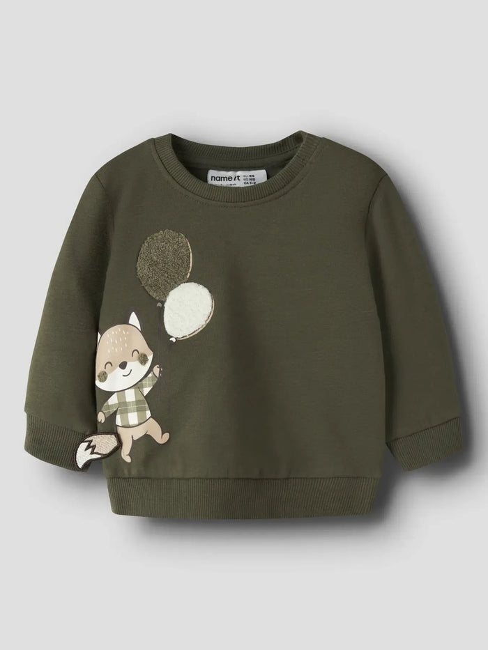 Felpa Verde Militare Con Scoiattolo E Palloncini