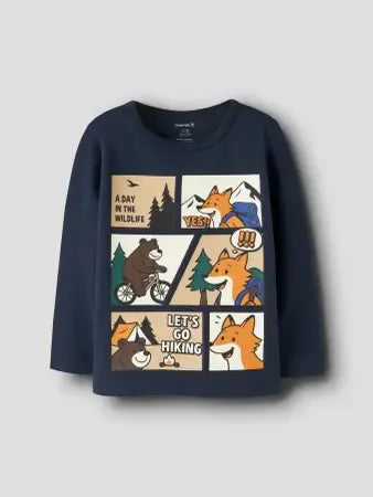 Maglia Manica Lunga Blu Scuro Con Animali E Fumetto