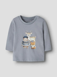 Maglia Manica Lunga Grigio Azzurato Con Animali Del Bosco