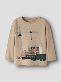 Maglia Manica Lunga Beige Con Gru E Cantiere