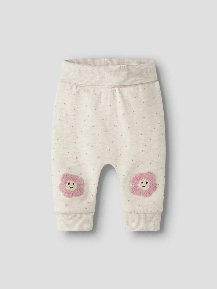 Pantaloni In Felpa Con Pois E Patch Fiore  Panna Melange