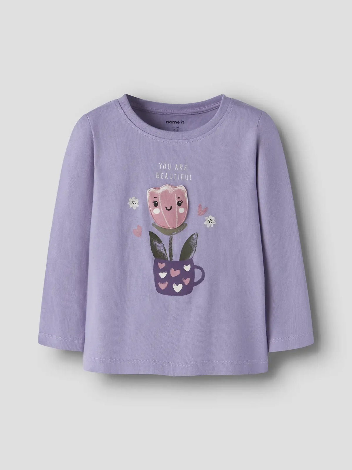 Maglia Manica Lunga Lilla Con Fiore In Tazza In Rilievo