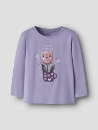 Maglia Manica Lunga Lilla Con Fiore In Tazza In Rilievo