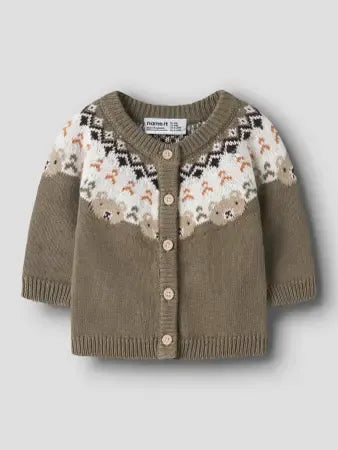 Cardigan In Maglia Marrone Con Orsetti