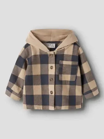 Giacca-Camicia A Quadri Con Cappuccio Beige E Blu
