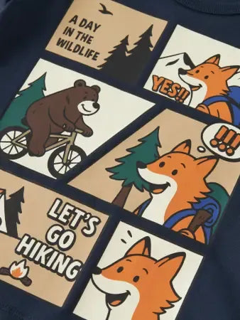 Maglia Manica Lunga Blu Scuro Con Animali E Fumetto