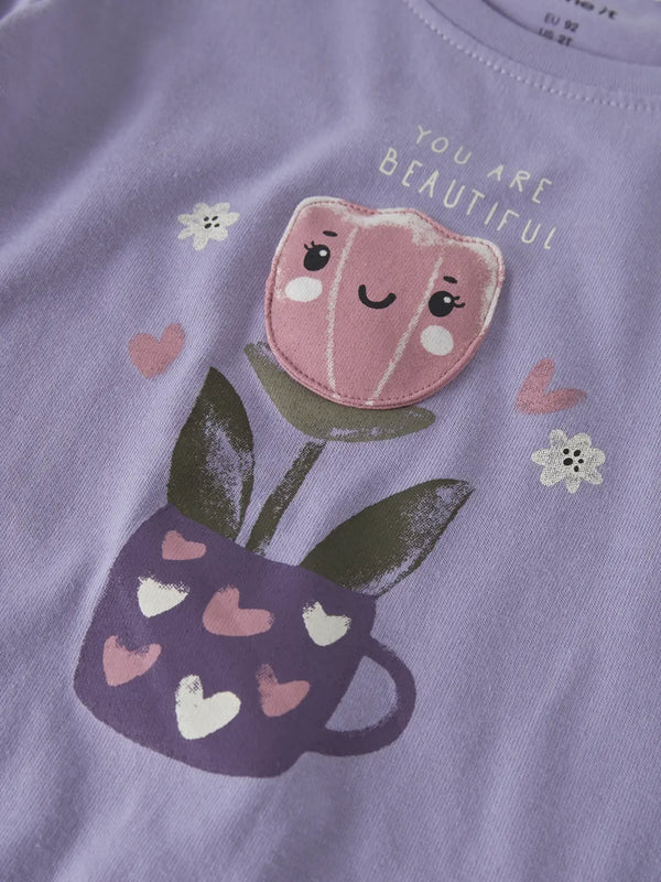 Maglia Manica Lunga Lilla Con Fiore In Tazza In Rilievo