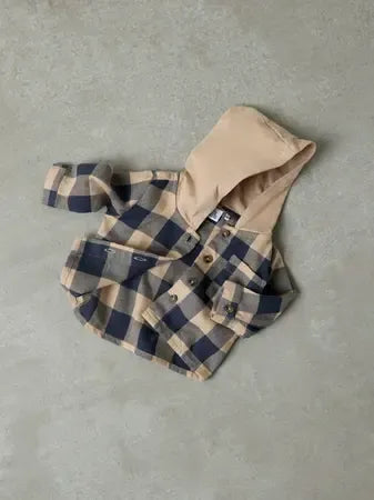 Giacca-Camicia A Quadri Con Cappuccio Beige E Blu