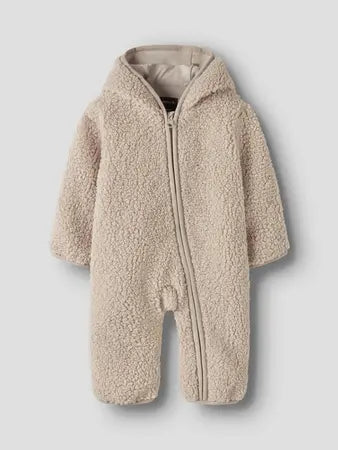 Tuta Intera Neonato In Pile Teddy Con Cappuccio Beige