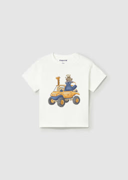 T-Shirt Bianca Con Jeep E Animali