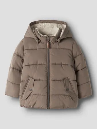 Giacca Imbottita Con Cappuccio E Interno In Teddy Marron