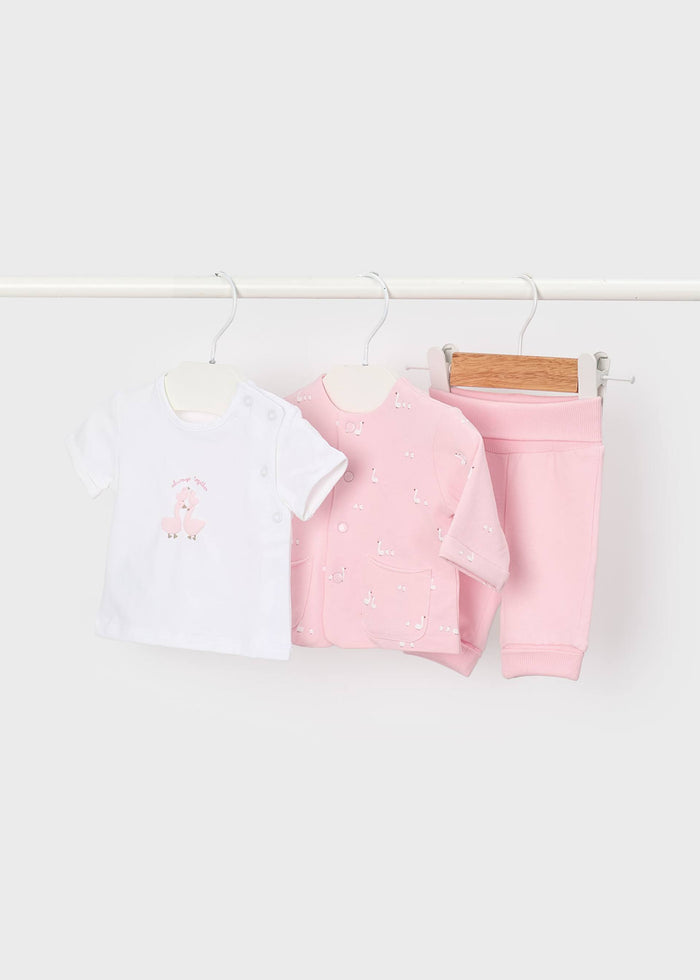 Set 3 Pezzi Cardigan T-Shirt E Pantaloni Rosa