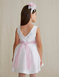 Vestito Bianco con Cintura Rosa Fiore