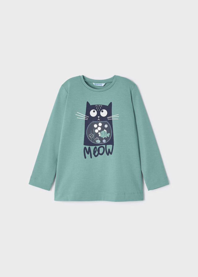 Maglietta Manica Lunga Con Gattino Verde