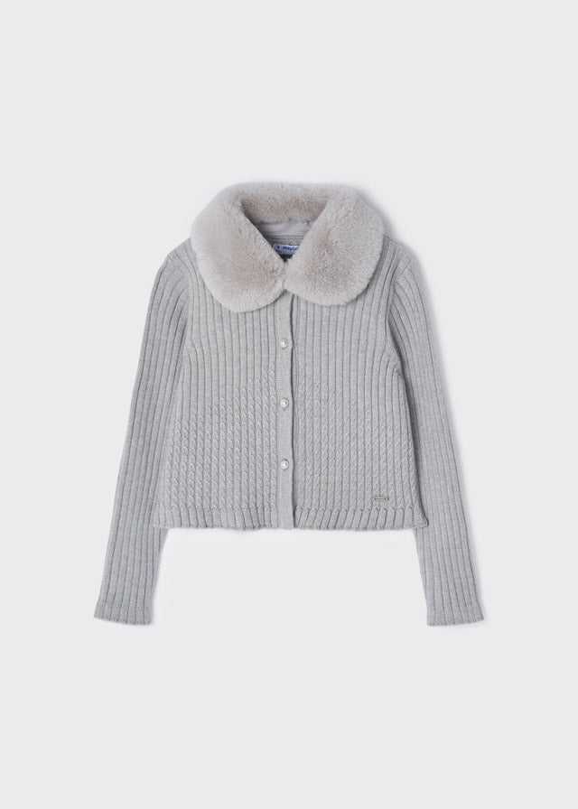Cardigan Tricot Colletto Pelloso Argento