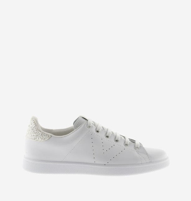 Sneakers Tennis Pelle Bianca E Glitter