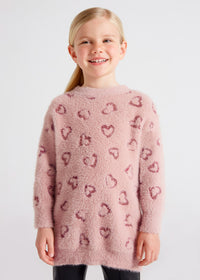 Vestito Tricot con Motivi Cuori Rosa