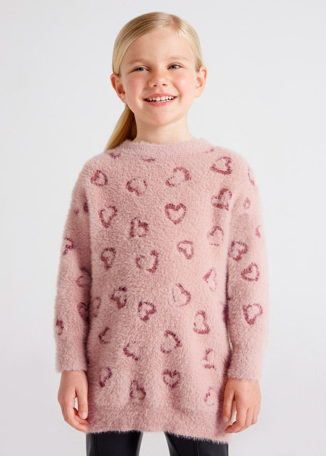 Vestito Tricot con Motivi Cuori Rosa