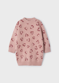 Vestito Tricot con Motivi Cuori Rosa