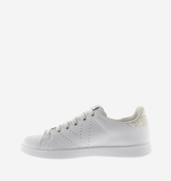 Sneakers Tennis Pelle Bianca E Glitter